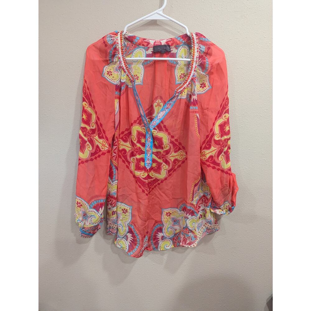 Hale Bob 100% silk and beaded neon mandala style print top w/roll tab sleeve top - Picture 1 of 10